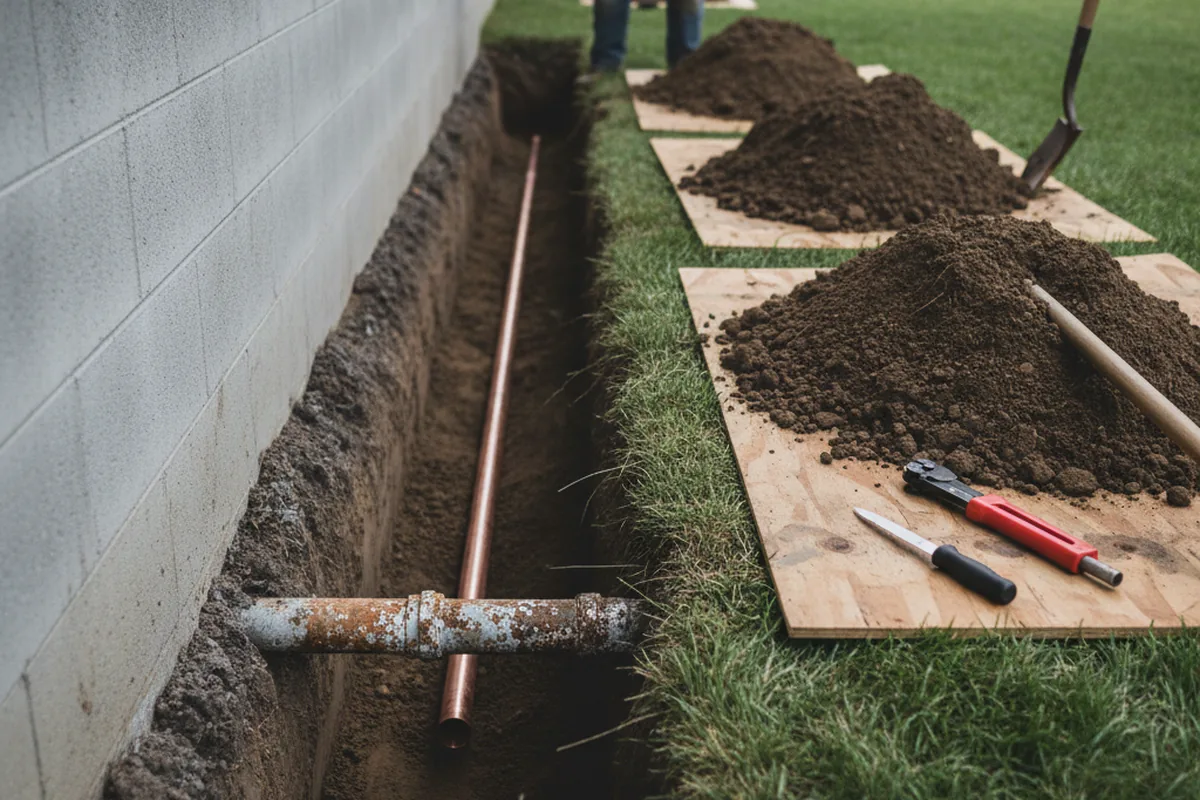 Excavated water line trench during Water Heater Repair in Warrensburg
